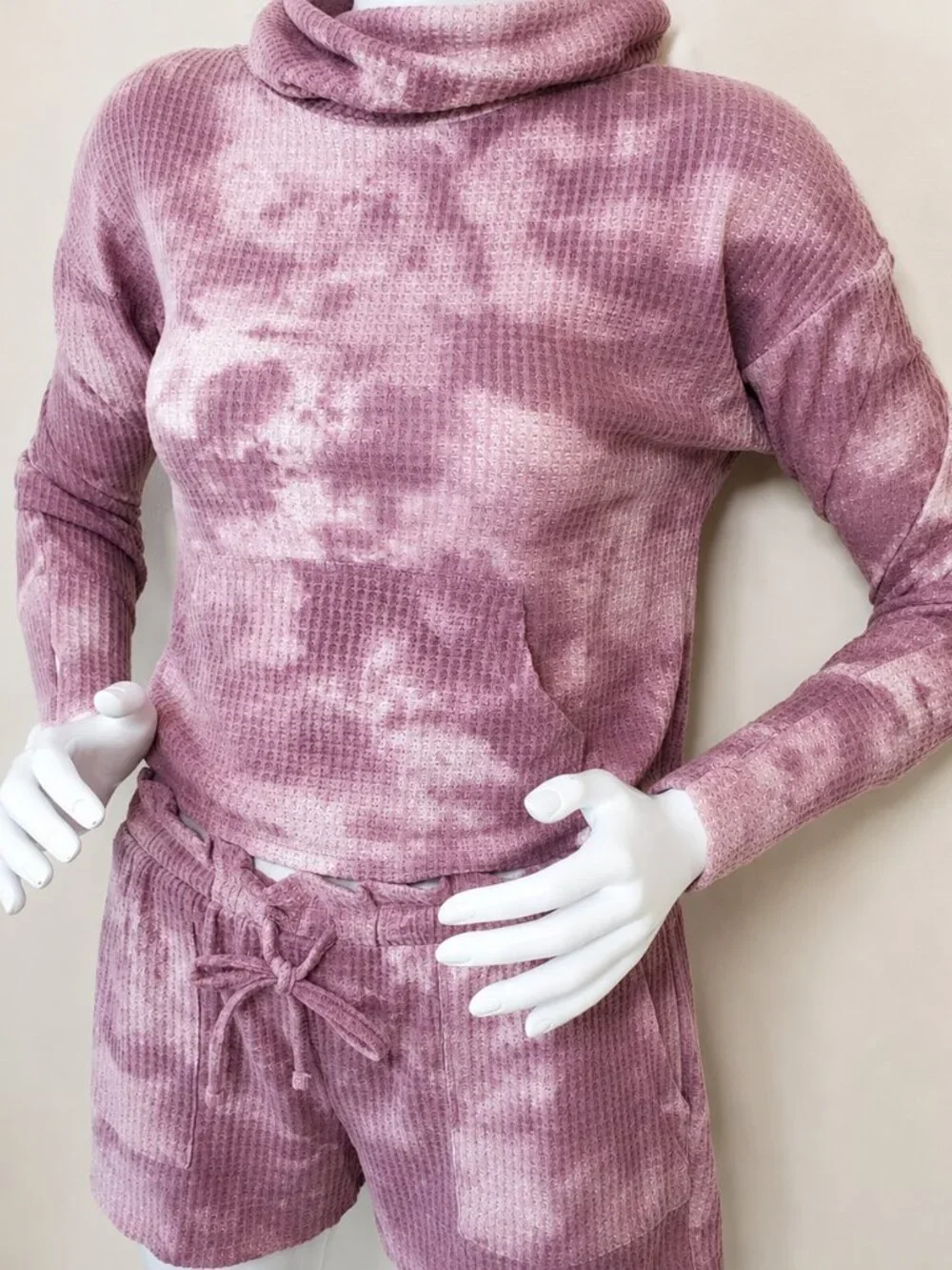 Pink Rose Cozie Beige/Mauve Tie-Dye Waffle Knit Cowl Neck Sweater Set SZ S